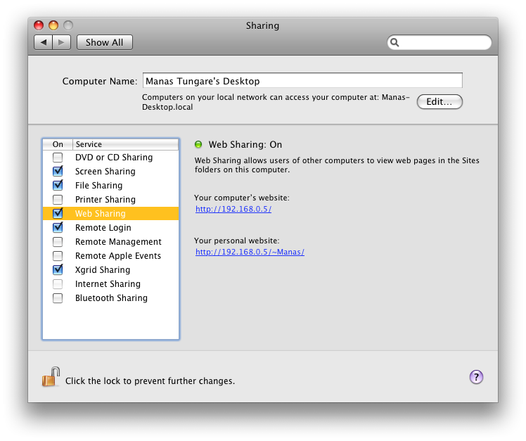Mac OS X Preferences Screenshot -- Enabling Web Sharing