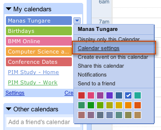 My Calendars > Calendar Settings