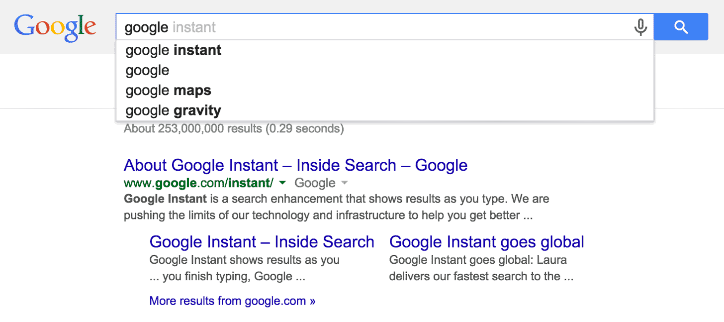 Screenshot of Google Instant, as of 2010
